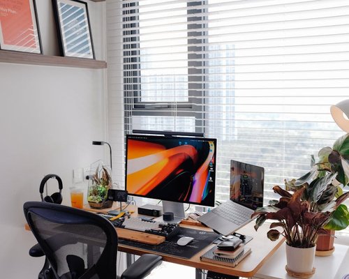 Home office setup near a window